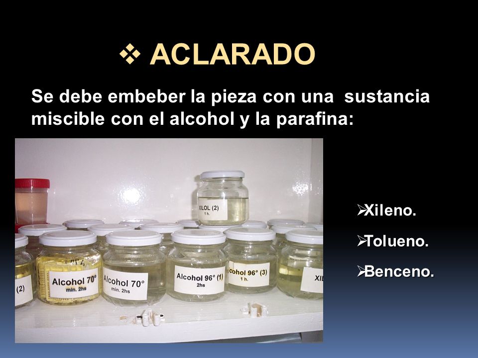 ACLARADO Se debe embeber la pieza con una sustancia miscible con el alcohol y la parafina: Xileno.