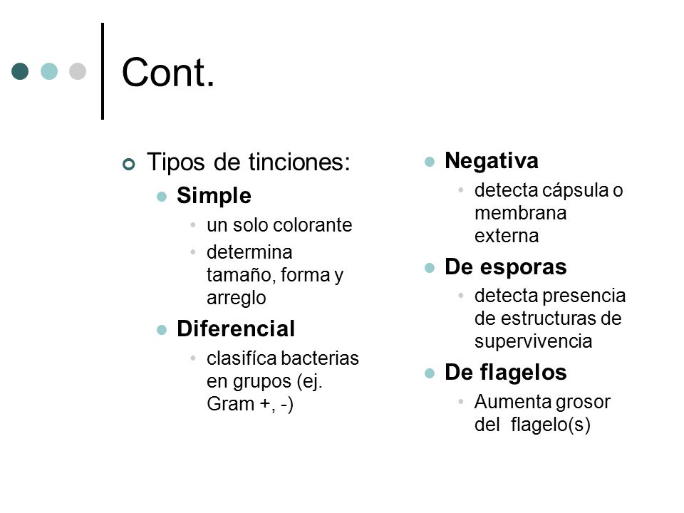 Cont. Tipos de tinciones: Negativa Simple De esporas Diferencial