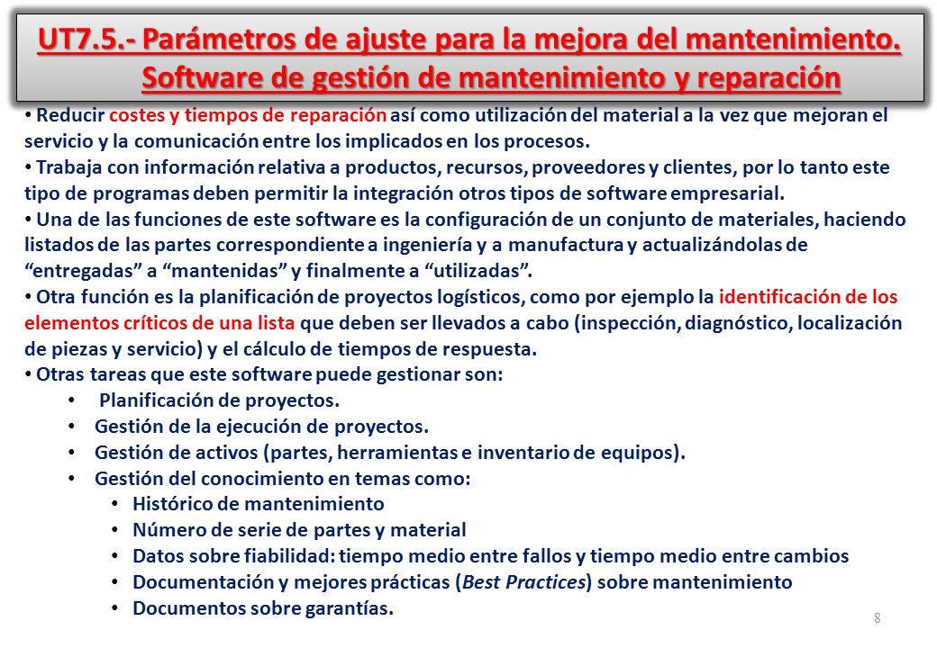 UT Parámetros de ajuste para la mejora del mantenimiento