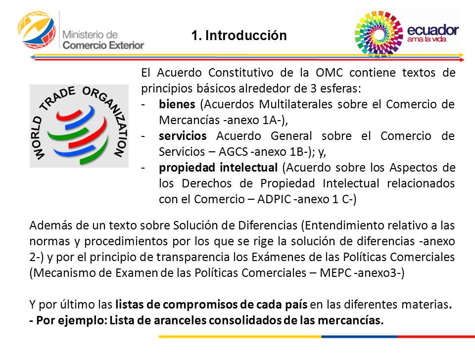 1. Introducción El Acuerdo Constitutivo de la OMC contiene textos de principios básicos alrededor de 3 esferas: