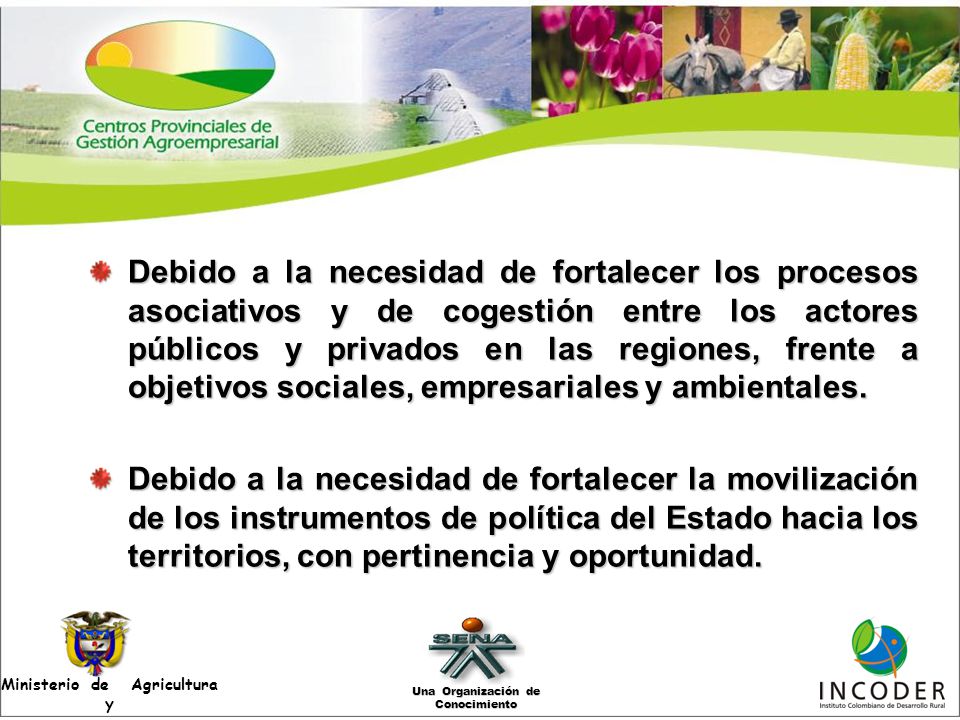 Debido a la necesidad de fortalecer los procesos asociativos y de cogestión entre los actores públicos y privados en las regiones, frente a objetivos sociales, empresariales y ambientales.