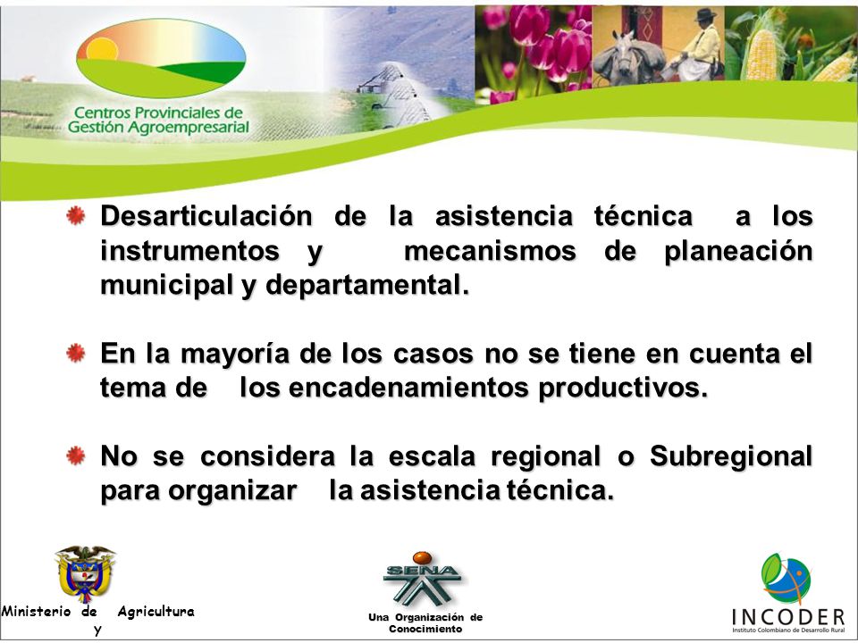Desarticulación de la asistencia técnica a los instrumentos y mecanismos de planeación municipal y departamental.