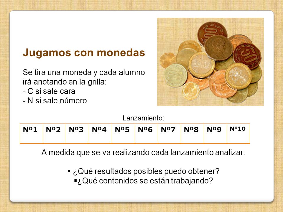 Jugamos con monedas Se tira una moneda y cada alumno