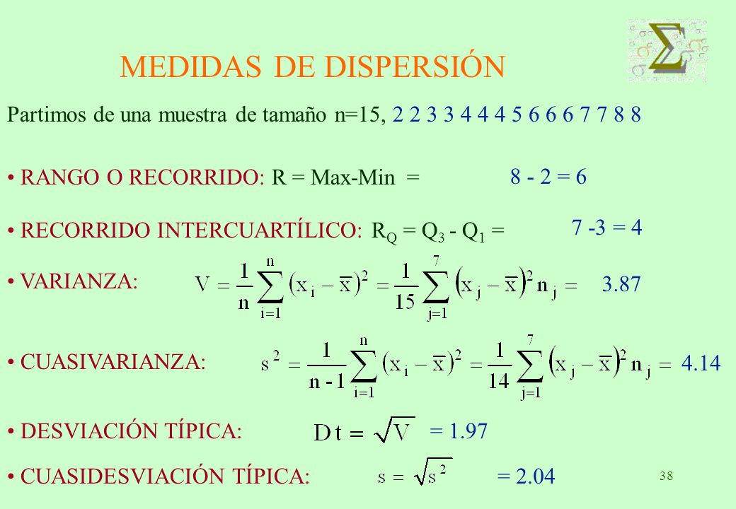MEDIDAS DE DISPERSIÓN Partimos de una muestra de tamaño n=15, RANGO O RECORRIDO: R = Max-Min =
