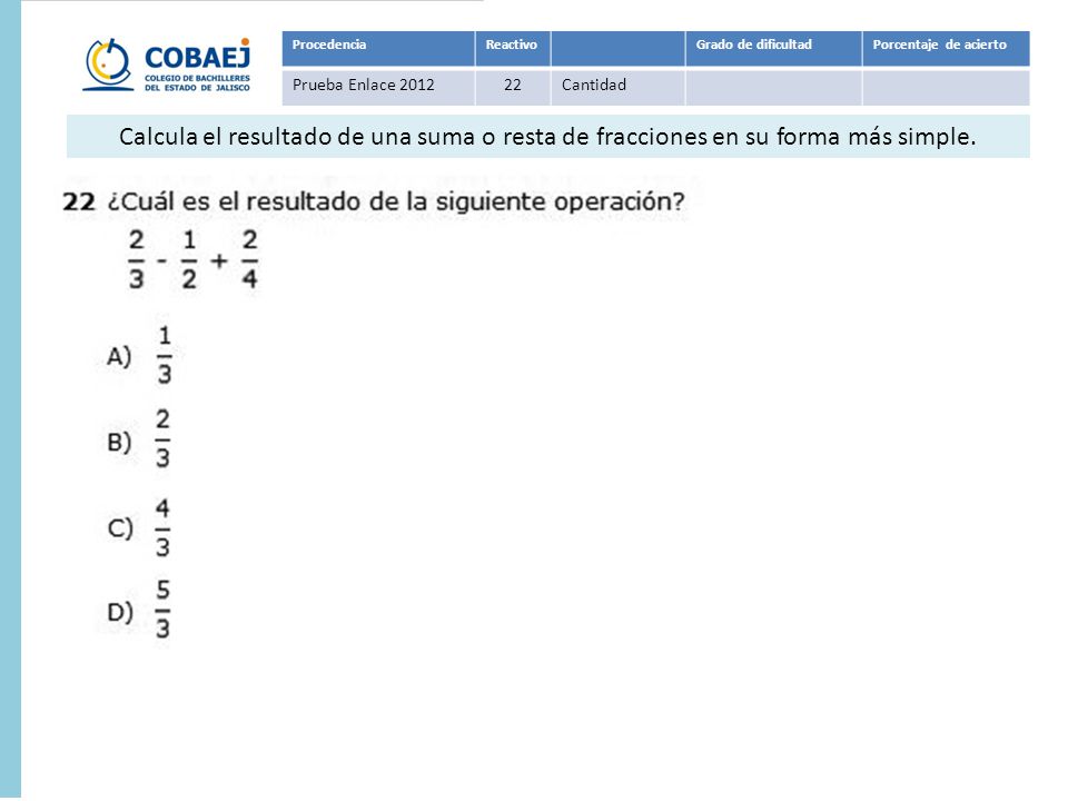 Procedencia Reactivo. Grado de dificultad. Porcentaje de acierto. Prueba Enlace Cantidad.