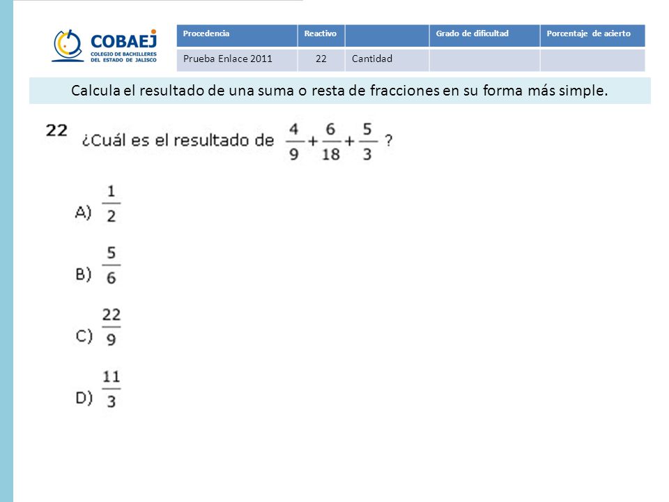Procedencia Reactivo. Grado de dificultad. Porcentaje de acierto. Prueba Enlace Cantidad.