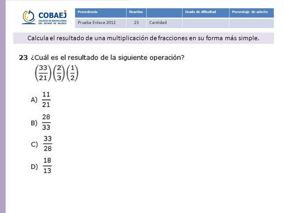 Procedencia Reactivo. Grado de dificultad. Porcentaje de acierto. Prueba Enlace Cantidad.
