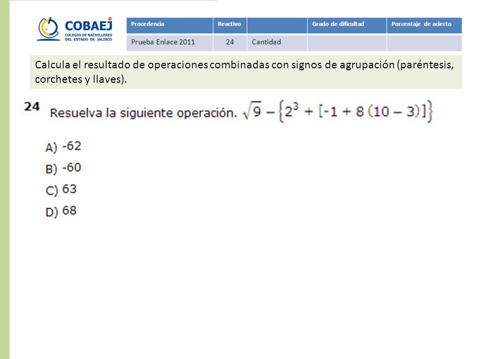 Procedencia Reactivo. Grado de dificultad. Porcentaje de acierto. Prueba Enlace Cantidad.