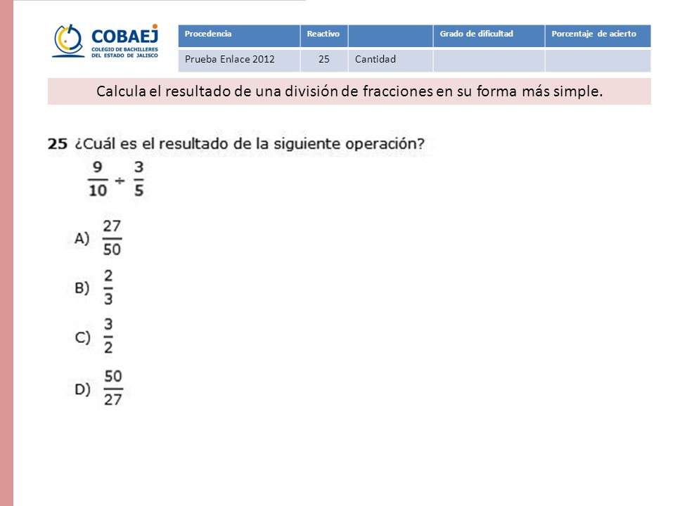 Procedencia Reactivo. Grado de dificultad. Porcentaje de acierto. Prueba Enlace Cantidad.