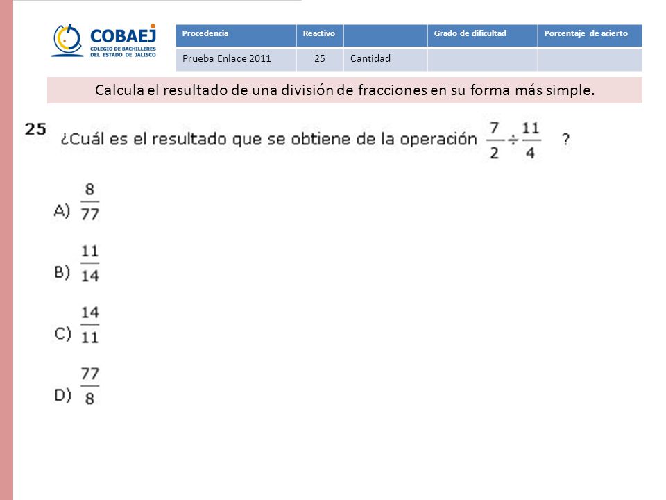 Procedencia Reactivo. Grado de dificultad. Porcentaje de acierto. Prueba Enlace Cantidad.