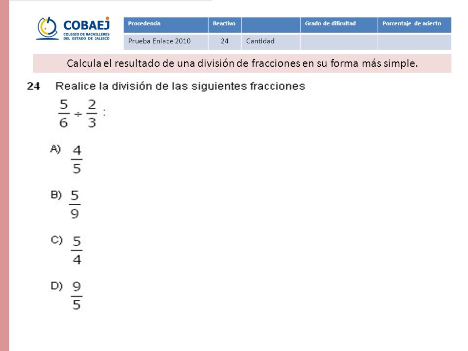 Procedencia Reactivo. Grado de dificultad. Porcentaje de acierto. Prueba Enlace Cantidad.
