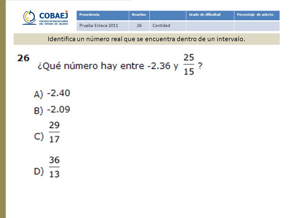 Identifica un número real que se encuentra dentro de un intervalo.