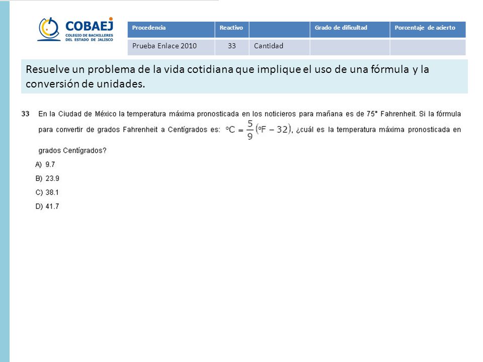 Procedencia Reactivo. Grado de dificultad. Porcentaje de acierto. Prueba Enlace Cantidad.