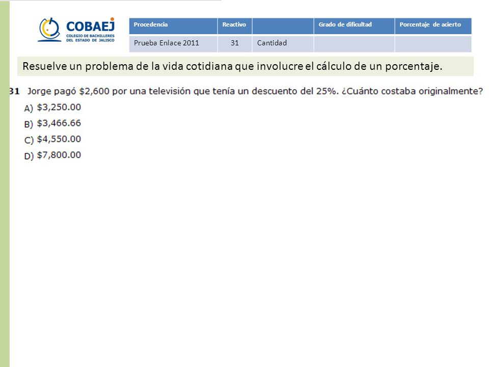 Procedencia Reactivo. Grado de dificultad. Porcentaje de acierto. Prueba Enlace Cantidad.