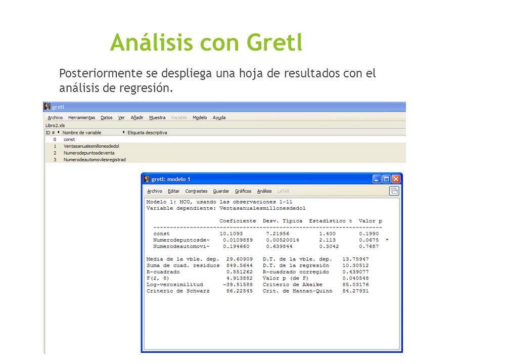 Análisis con Gretl Posteriormente se despliega una hoja de resultados con el análisis de regresión.