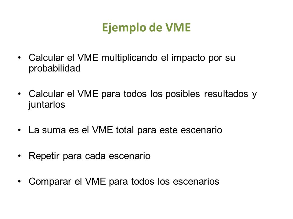 Ejemplo de VME Calcular el VME multiplicando el impacto por su probabilidad. Calcular el VME para todos los posibles resultados y juntarlos.