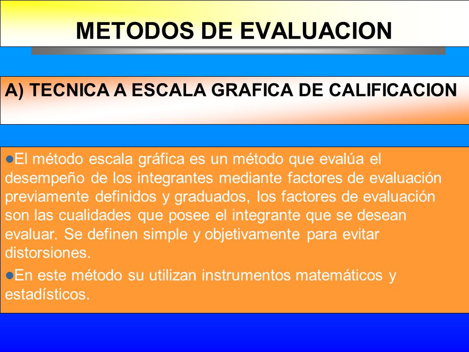 METODOS DE EVALUACION A) TECNICA A ESCALA GRAFICA DE CALIFICACION