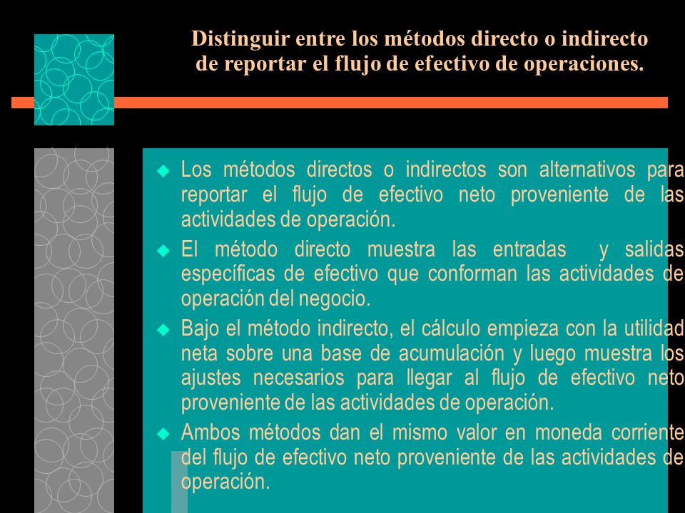 Distinguir entre los métodos directo o indirecto de reportar el flujo de efectivo de operaciones.