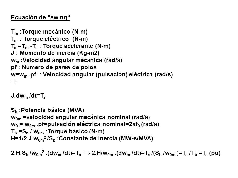 Ecuación de swing Tm :Torque mecánico (N-m) Te : Torque eléctrico (N-m) Ta =Tm -Te : Torque acelerante (N-m)