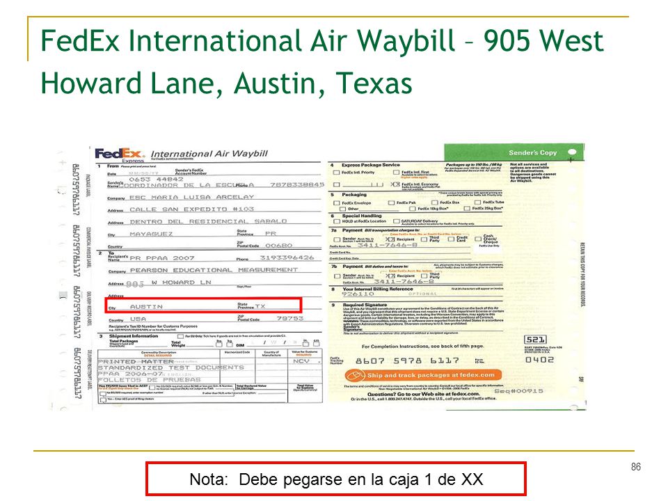 FedEx International Air Waybill – 905 West Howard Lane, Austin, Texas