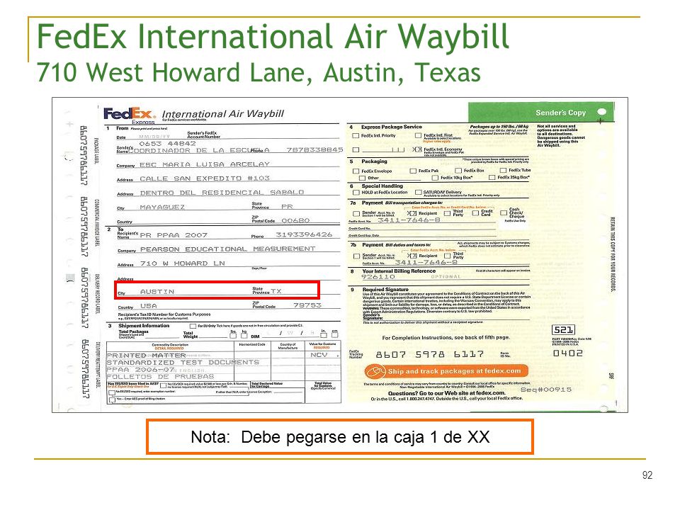 FedEx International Air Waybill 710 West Howard Lane, Austin, Texas