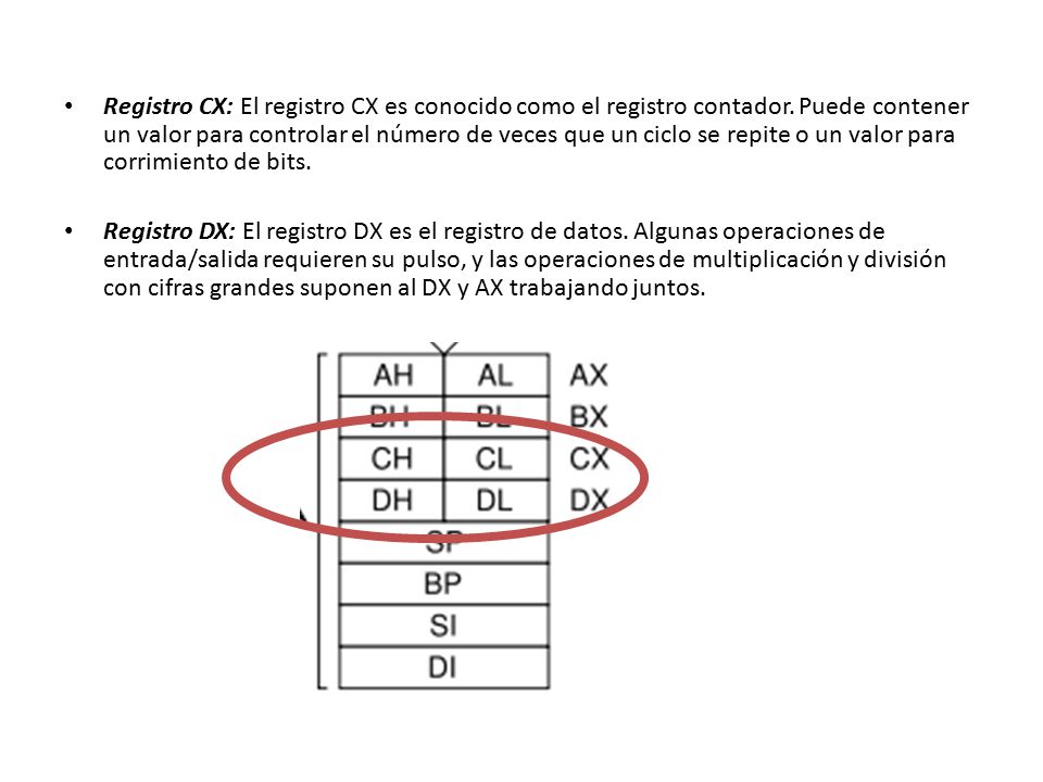 Registro CX: El registro CX es conocido como el registro contador