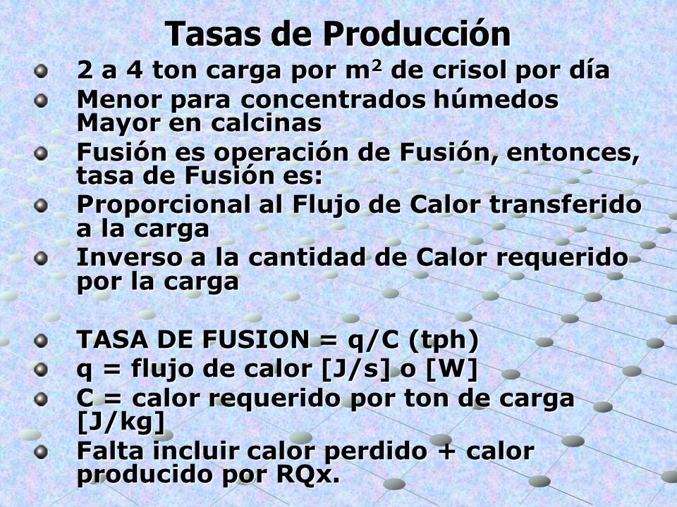 Tasas de Producción 2 a 4 ton carga por m2 de crisol por día