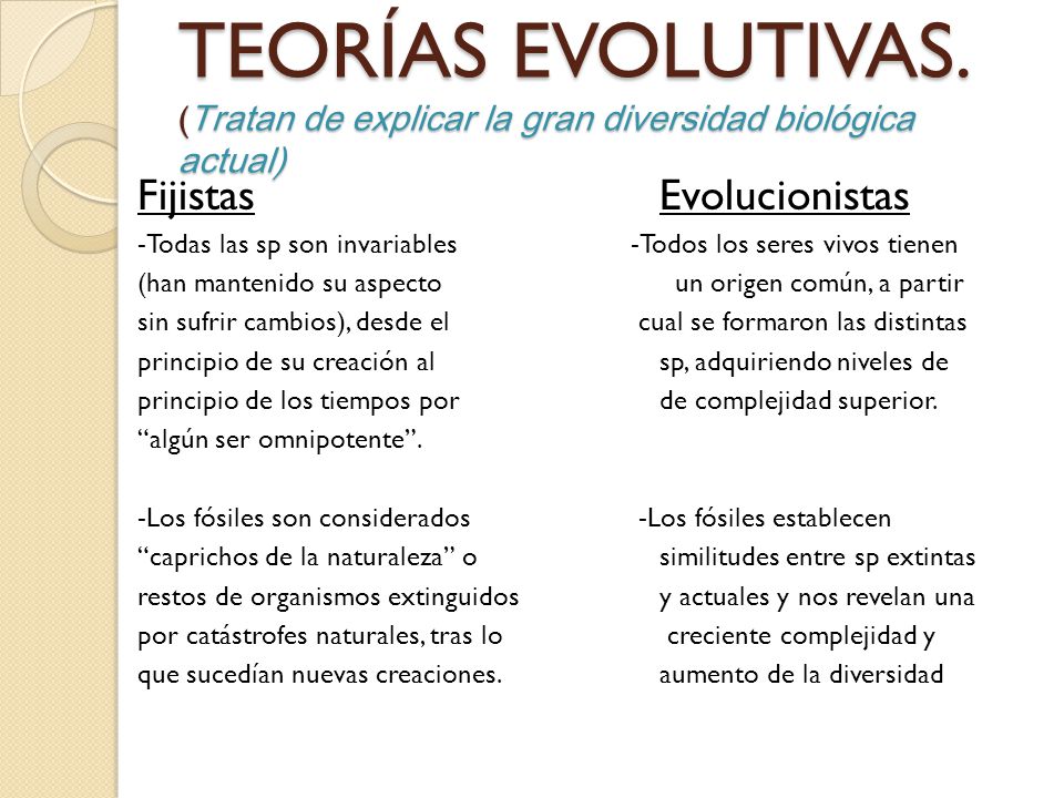 TEORÍAS EVOLUTIVAS. (Tratan de explicar la gran diversidad biológica actual)