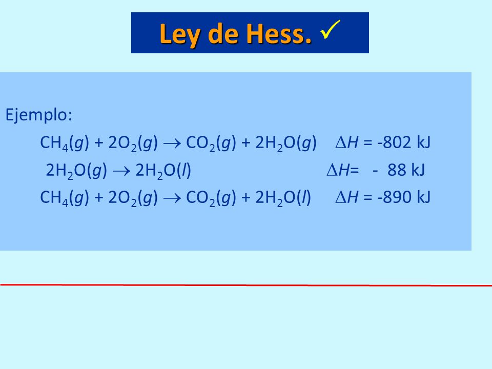 Ley de Hess.  Ejemplo: CH4(g) + 2O2(g)  CO2(g) + 2H2O(g) H = -802 kJ. 2H2O(g)  2H2O(l) H= - 88 kJ.