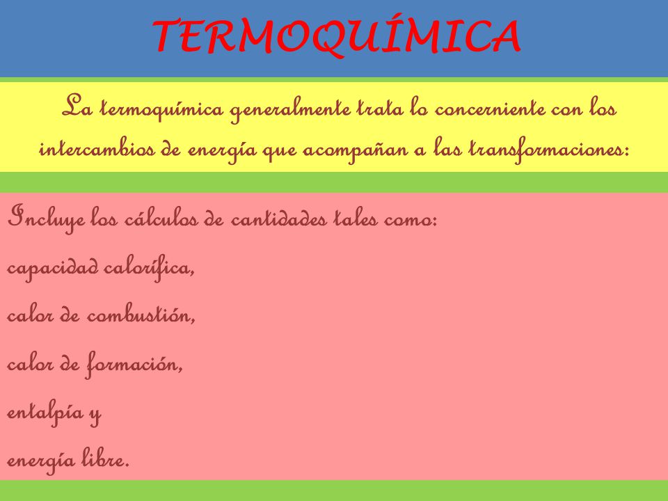 TERMOQUÍMICA La termoquímica generalmente trata lo concerniente con los intercambios de energía que acompañan a las transformaciones: