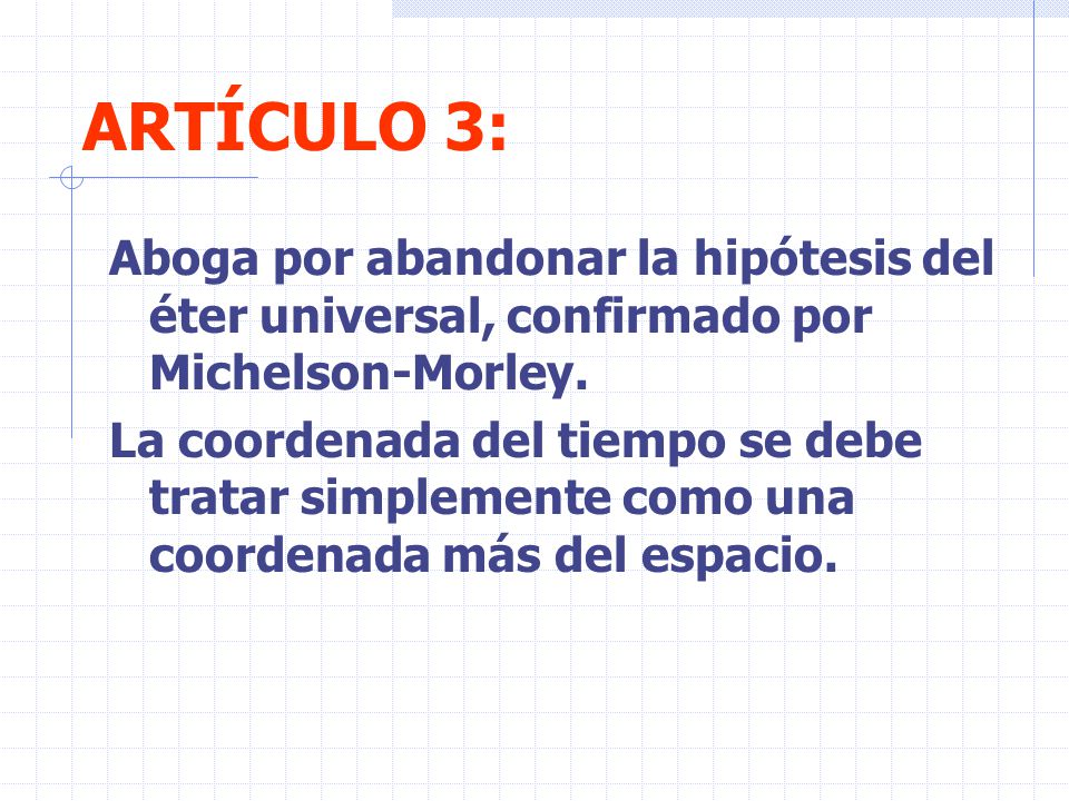 ARTÍCULO 3: Aboga por abandonar la hipótesis del éter universal, confirmado por Michelson-Morley.