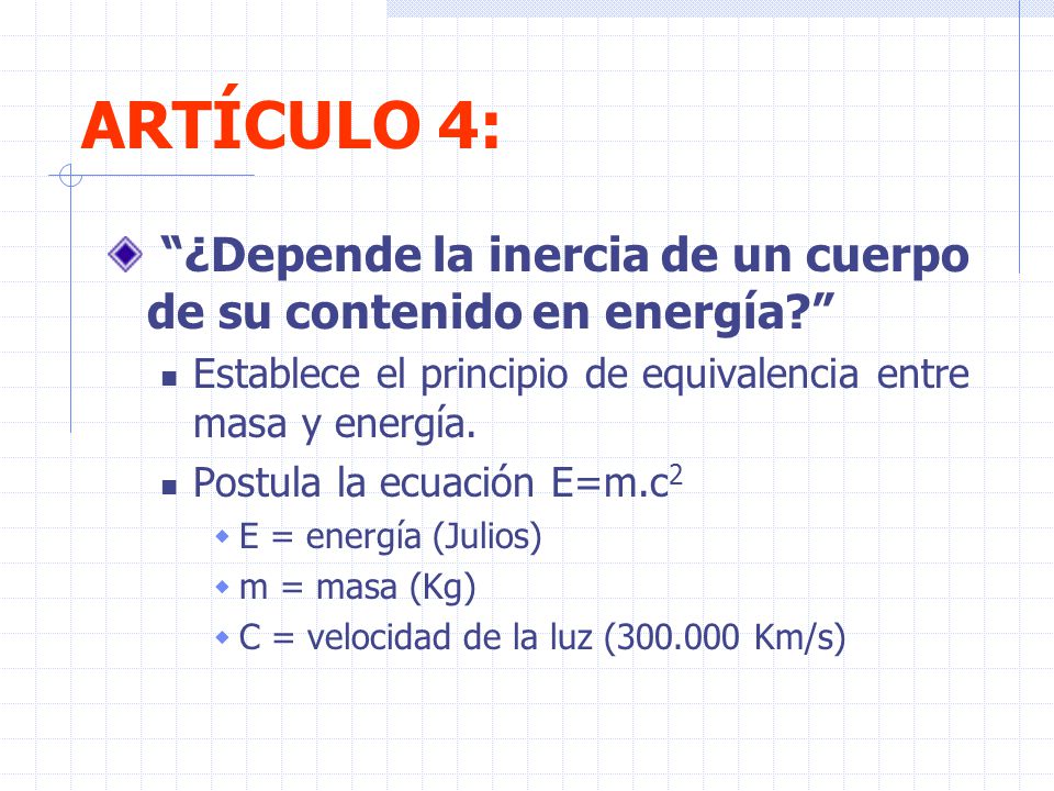 ARTÍCULO 4: ¿Depende la inercia de un cuerpo de su contenido en energía Establece el principio de equivalencia entre masa y energía.