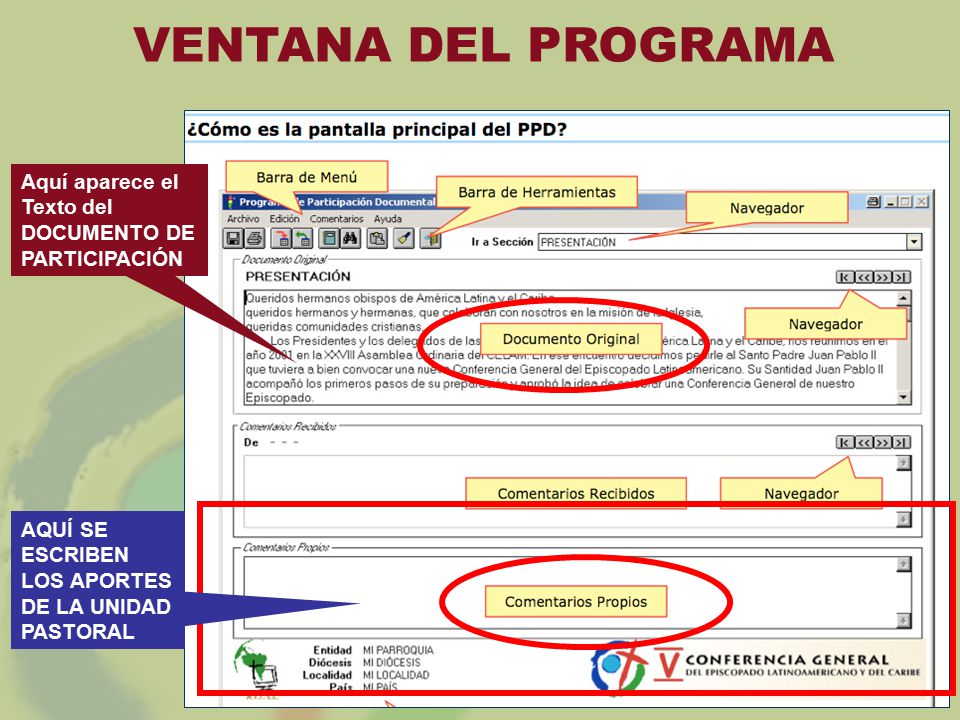 VENTANA DEL PROGRAMA Aquí aparece el Texto del DOCUMENTO DE PARTICIPACIÓN.