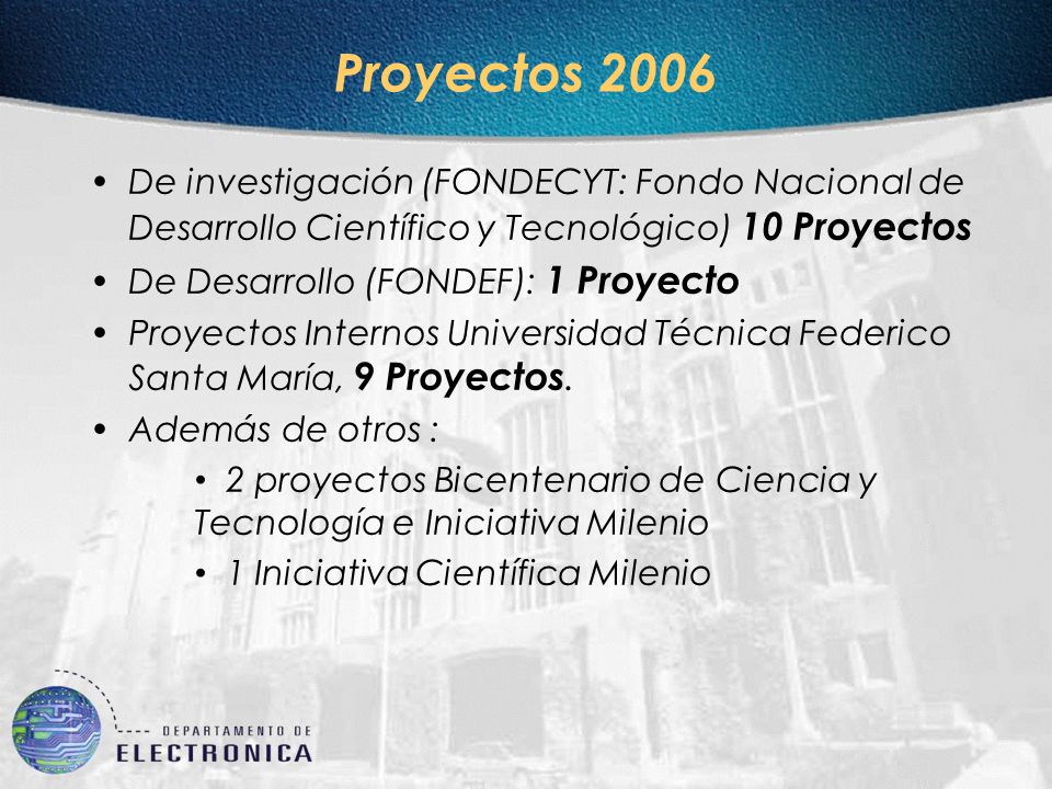 Proyectos 2006 De investigación (FONDECYT: Fondo Nacional de Desarrollo Científico y Tecnológico) 10 Proyectos.