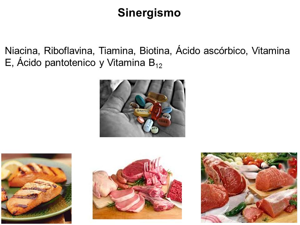 Sinergismo Niacina, Riboflavina, Tiamina, Biotina, Ácido ascórbico, Vitamina E, Ácido pantotenico y Vitamina B12.