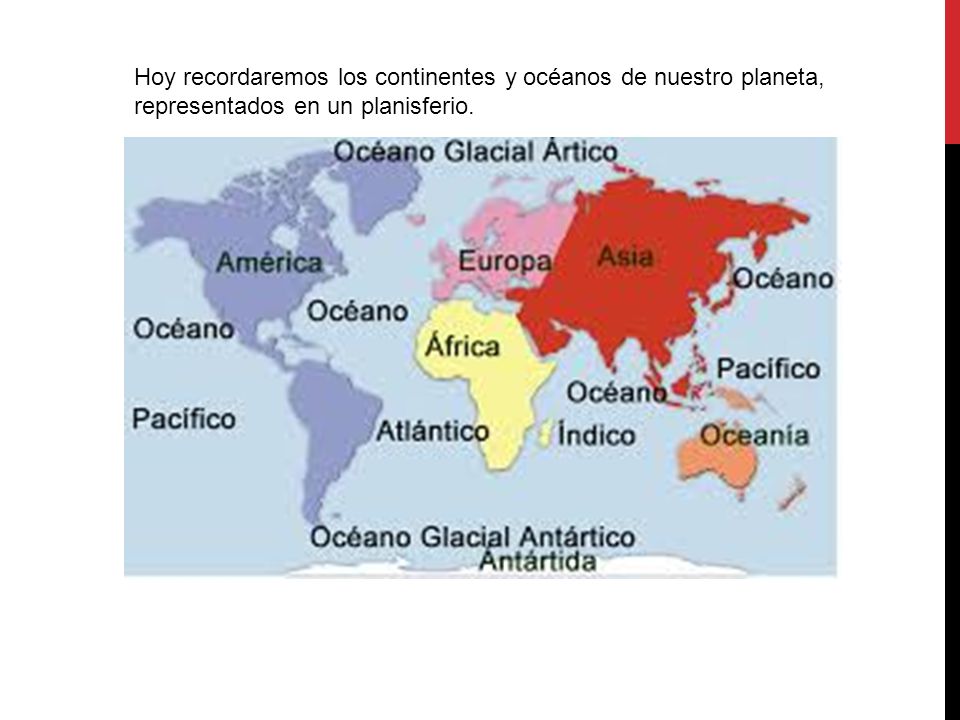 Hoy recordaremos los continentes y océanos de nuestro planeta, representados en un planisferio.