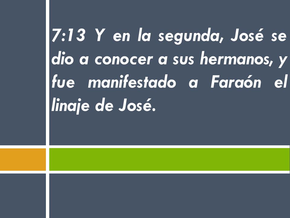 7:13 Y en la segunda, José se dio a conocer a sus hermanos, y fue manifestado a Faraón el linaje de José.