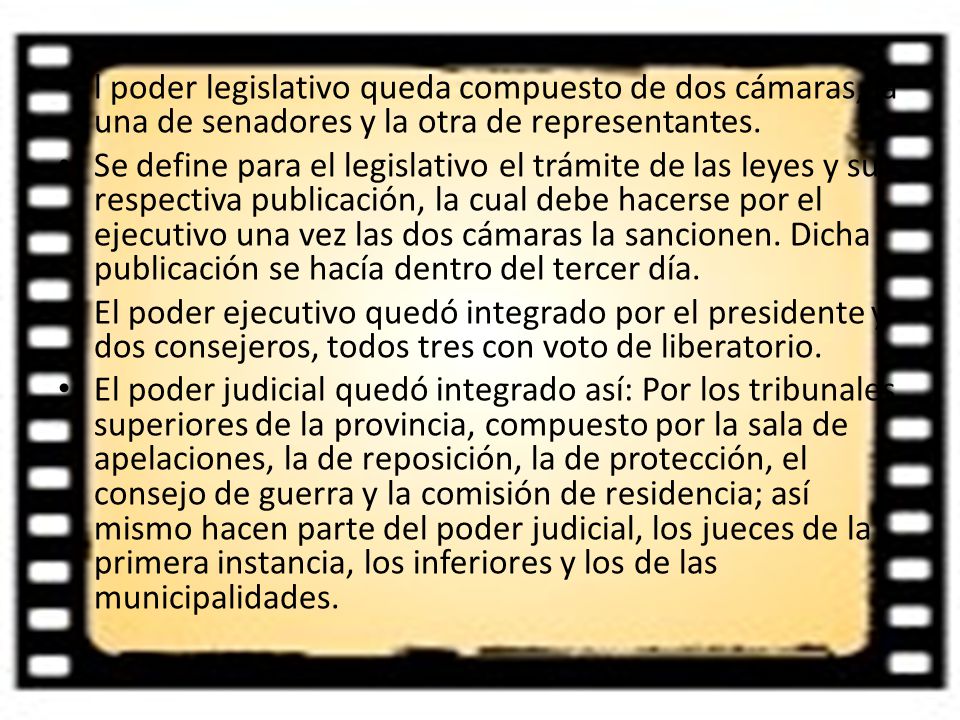 l poder legislativo queda compuesto de dos cámaras, la una de senadores y la otra de representantes.