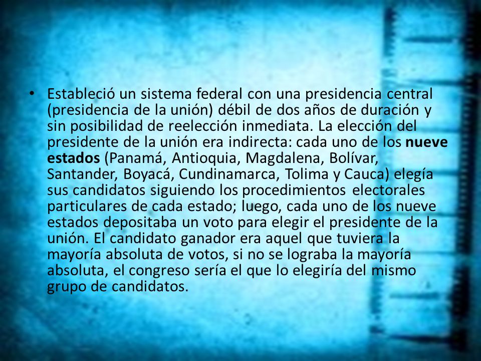 Estableció un sistema federal con una presidencia central (presidencia de la unión) débil de dos años de duración y sin posibilidad de reelección inmediata.