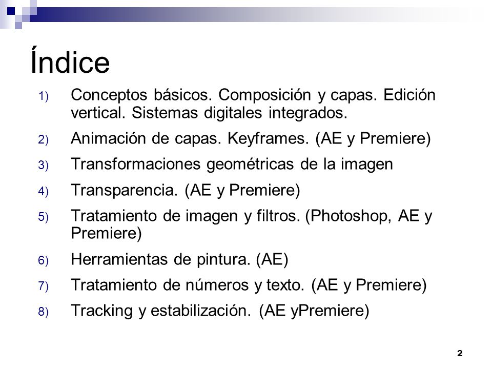 Índice Conceptos básicos. Composición y capas. Edición vertical. Sistemas digitales integrados. Animación de capas. Keyframes. (AE y Premiere)