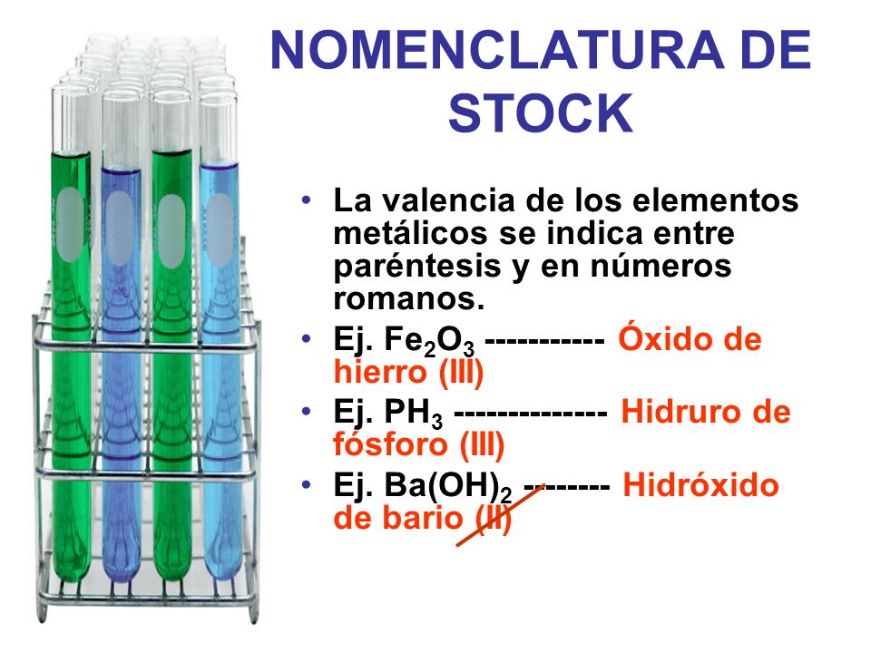 NOMENCLATURA DE STOCK La valencia de los elementos metálicos se indica entre paréntesis y en números romanos.