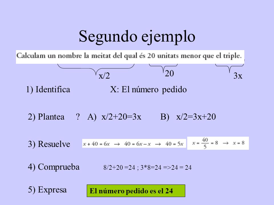 Segundo ejemplo 20 x/2 3x 1) Identifica X: El número pedido 2) Plantea