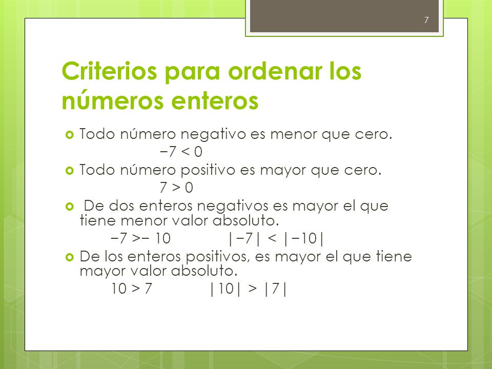 Criterios para ordenar los números enteros