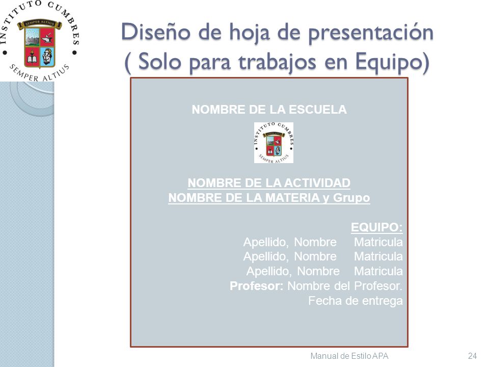 Diseño de hoja de presentación ( Solo para trabajos en Equipo)