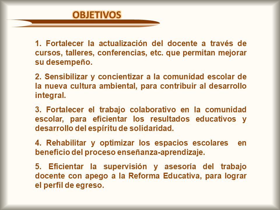 OBJETIVOS 1. Fortalecer la actualización del docente a través de cursos, talleres, conferencias, etc. que permitan mejorar su desempeño.