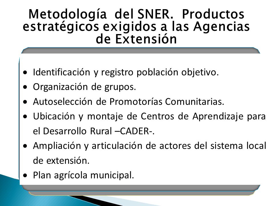 Metodología del SNER. Productos estratégicos exigidos a las Agencias de Extensión