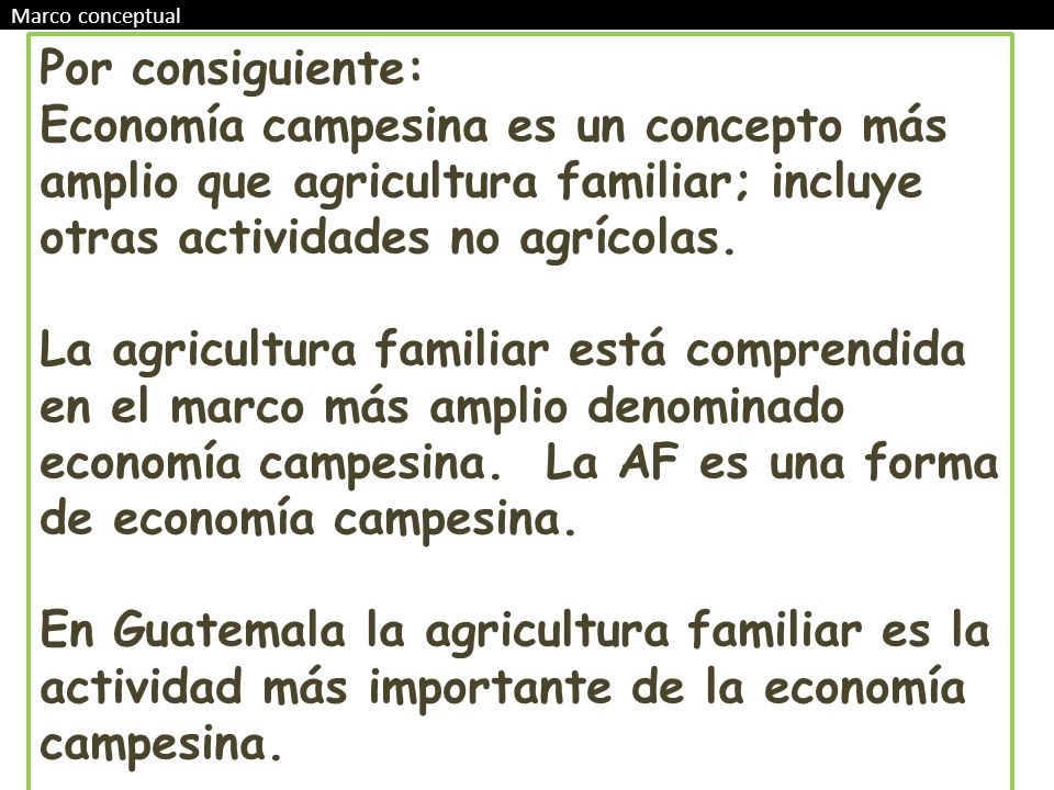 Marco conceptual Por consiguiente: Economía campesina es un concepto más amplio que agricultura familiar; incluye otras actividades no agrícolas.