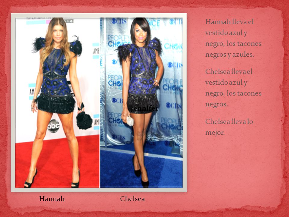 Hannah lleva el vestido azul y negro, los tacones negros y azules.