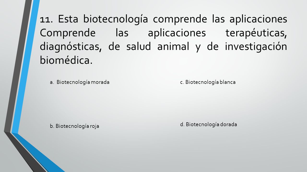11. Esta biotecnología comprende las aplicaciones Comprende las aplicaciones terapéuticas, diagnósticas, de salud animal y de investigación biomédica.