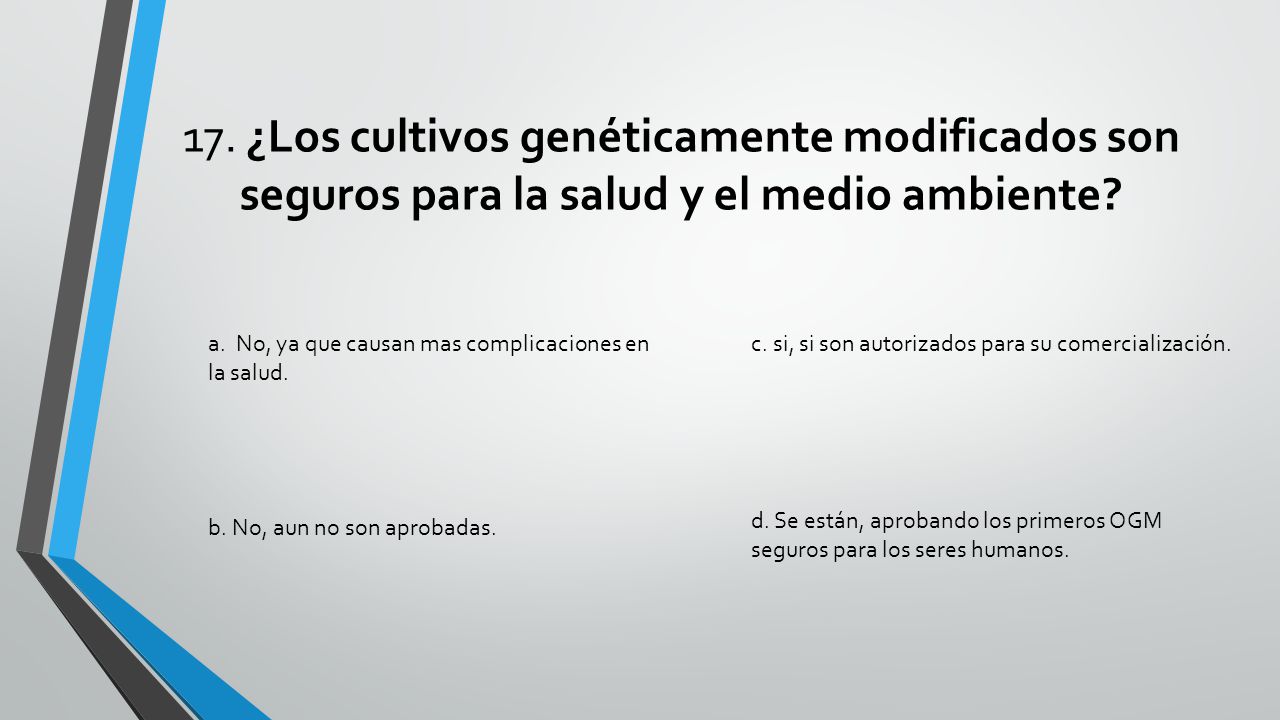 17. ¿Los cultivos genéticamente modificados son seguros para la salud y el medio ambiente